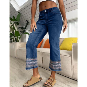 Flamingals Straight Leg Jeans for Women Low Rise Cropped Jeans Wash Embroidery M